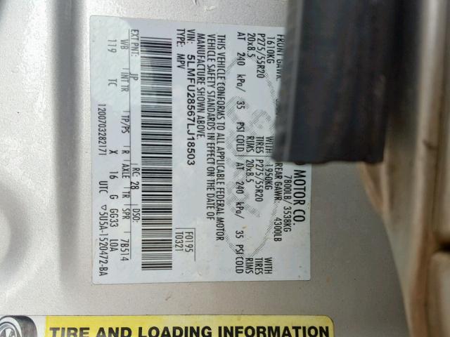 5LMFU28567LJ18503 - 2007 LINCOLN NAVIGATOR 银色 照片 10