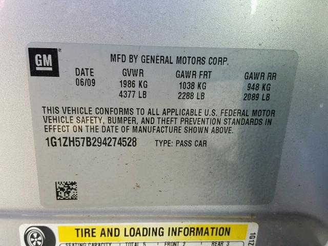 1G1ZH57B294274528 - 2009 CHEVROLET MALIBU 1LT ვერცხლისფერი ფოტო 10