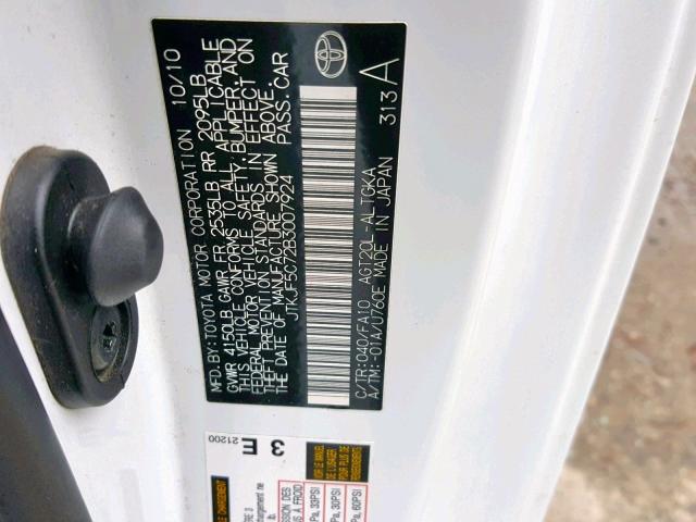 JTKJF5C72B3007924 - 2011 TOYOTA SCION TC WHITE photo 10