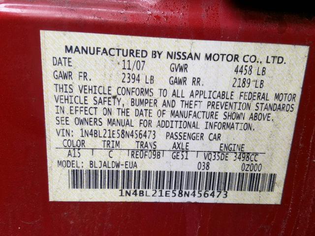 1N4BL21E58N456473 - 2008 NISSAN ALTIMA 3.5 MAROON photo 10