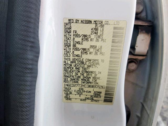 1N6ED27T3YC388726 - 2000 NISSAN FRONTIER C WHITE photo 10