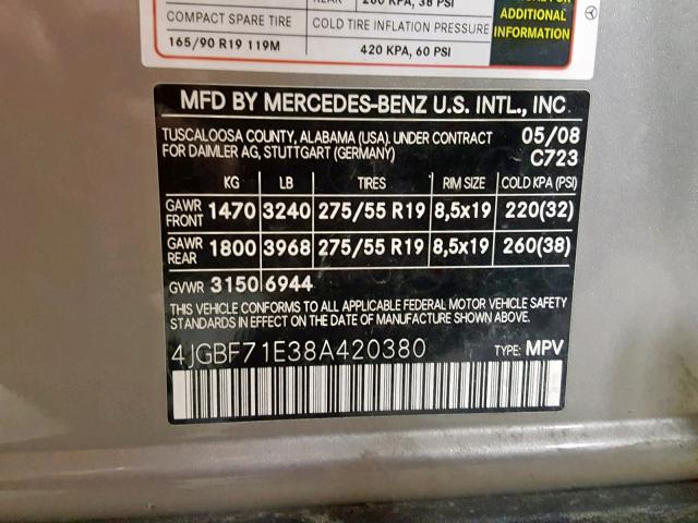 4JGBF71E38A420380 - 2008 MERCEDES-BENZ GL 450 4MA GOLD photo 10