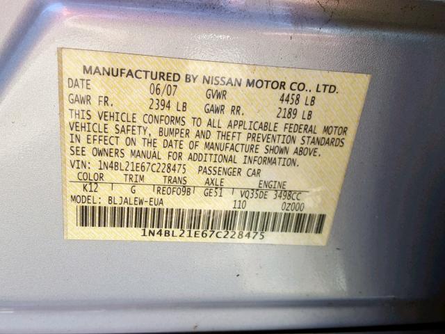 1N4BL21E67C228475 - 2007 NISSAN ALTIMA 3.5 SILVER photo 10