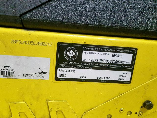 2BPSUMGD5GV000242 - 2016 SKI DOO RENEGADE YELLOW photo 10