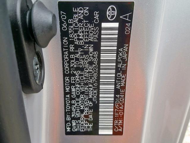 JTKDE167980234848 - 2008 TOYOTA SCION TC ვერცხლისფერი ფოტო 10