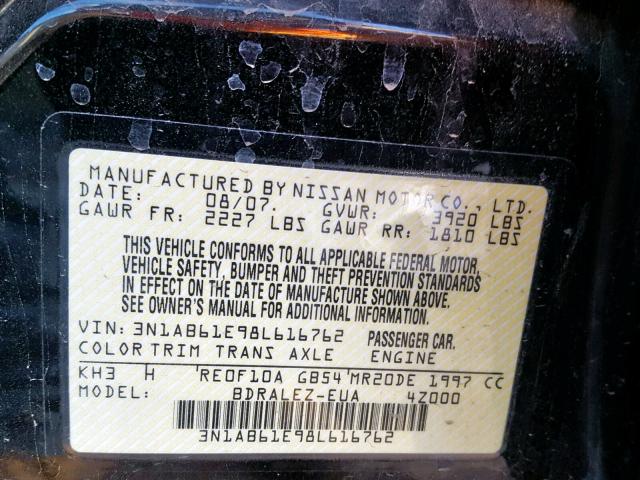 3N1AB61E98L616762 - 2008 NISSAN SENTRA 2.0 BLACK photo 10