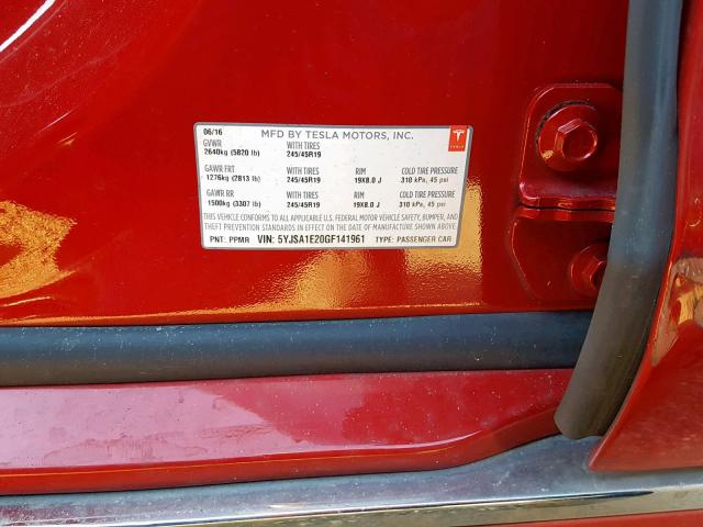 5YJSA1E20GF141961 - 2016 TESLA MODEL S Կարմիր լուսանկար 10