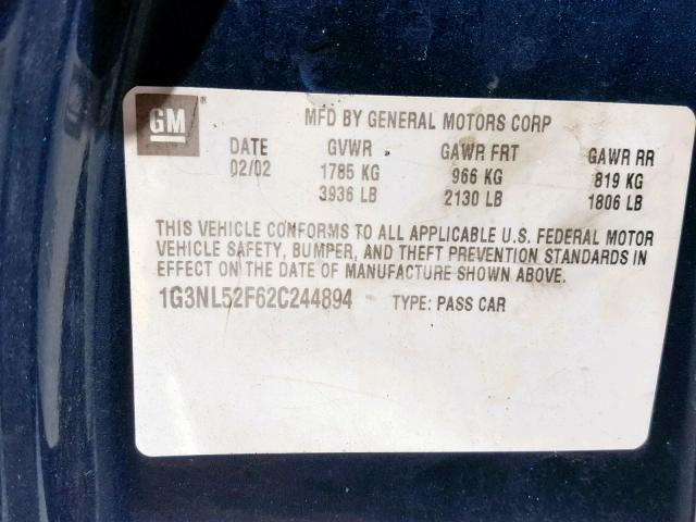 1G3NL52F62C244894 - 2002 OLDSMOBILE ALERO GL GREEN photo 10