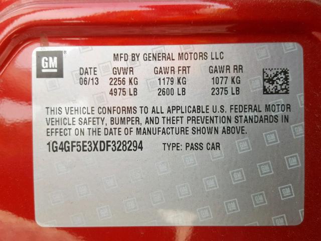 1G4GF5E3XDF328294 - 2013 BUICK LACROSSE P RED photo 10