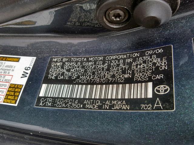 JTKDE177870177152 - 2007 TOYOTA SCION TC 石墨色 照片 10