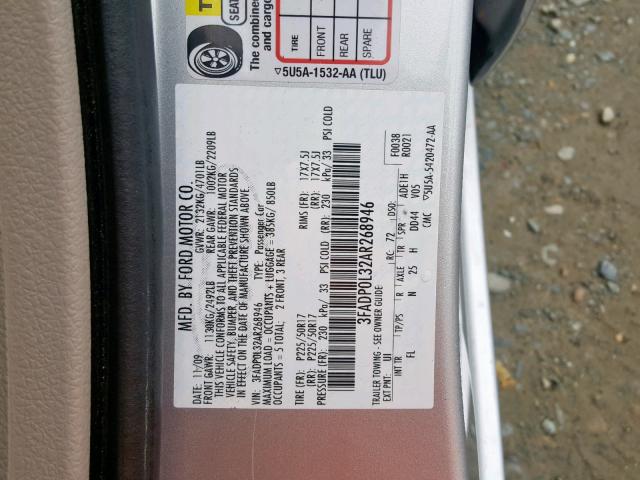 3FADP0L32AR268946 - 2010 FORD FUSION HYB SILVER photo 10