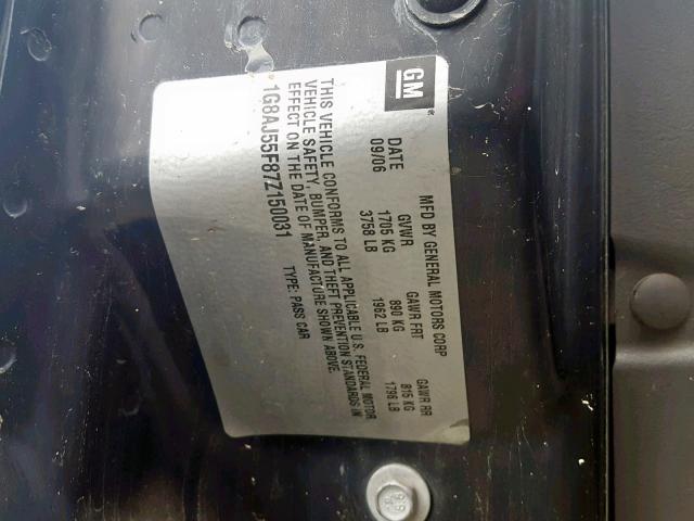 1G8AJ55F87Z150031 - 2007 SATURN ION LEVEL BLUE photo 10