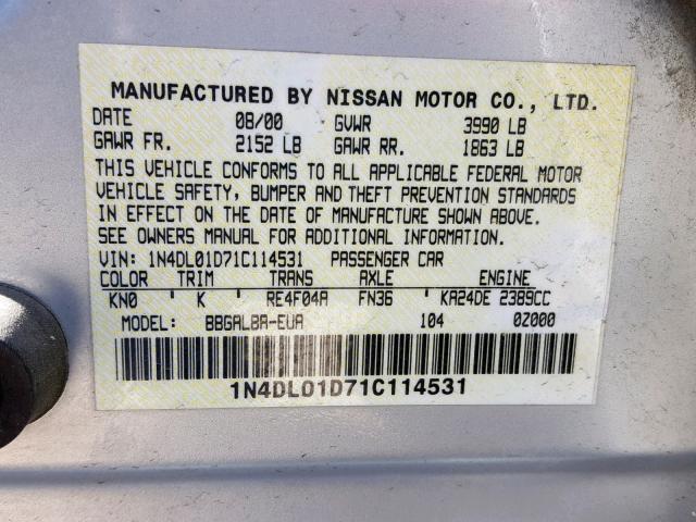 1N4DL01D71C114531 - 2001 NISSAN ALTIMA XE SILVER photo 10