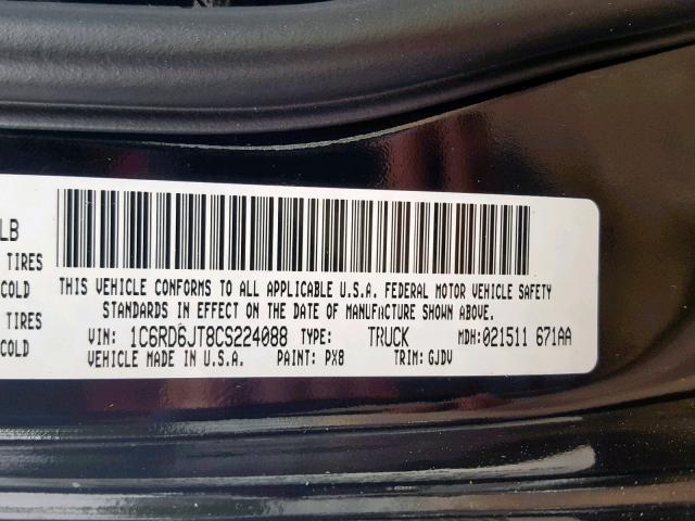 1C6RD6JT8CS224088 - 2012 DODGE RAM 1500 L BLACK photo 10