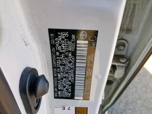 JTDKARFP9J3074547 - 2018 TOYOTA PRIUS PRIM 白色 照片 10