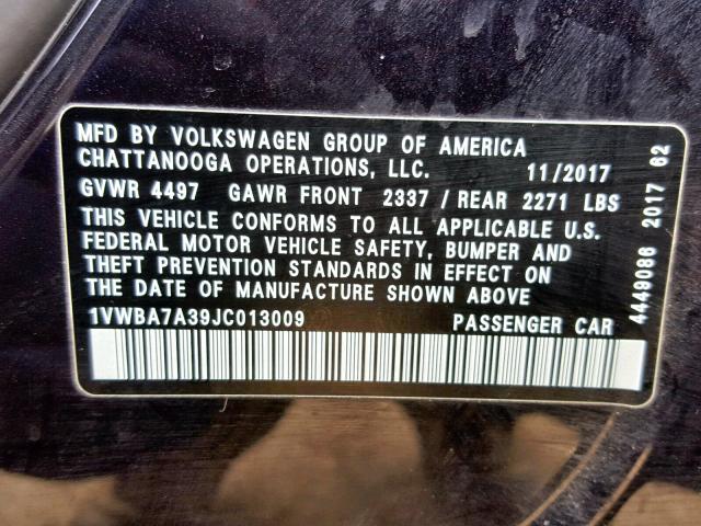 1VWBA7A39JC013009 - 2018 VOLKSWAGEN PASSAT SE BLACK photo 10