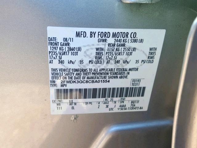 2FMDK3GC8CBA01554 - 2012 FORD EDGE SE SILVER photo 10