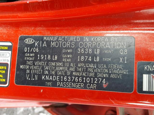 KNADE163766101274 - 2006 KIA RIO 5 RED photo 10