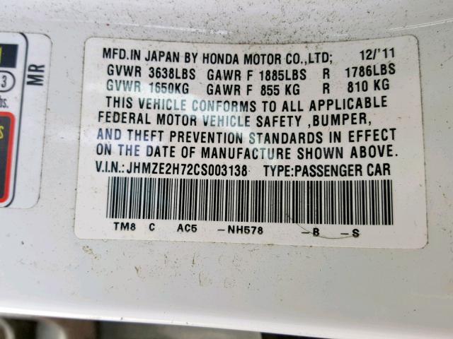 JHMZE2H72CS003138 - 2012 HONDA INSIGHT EX WHITE photo 10