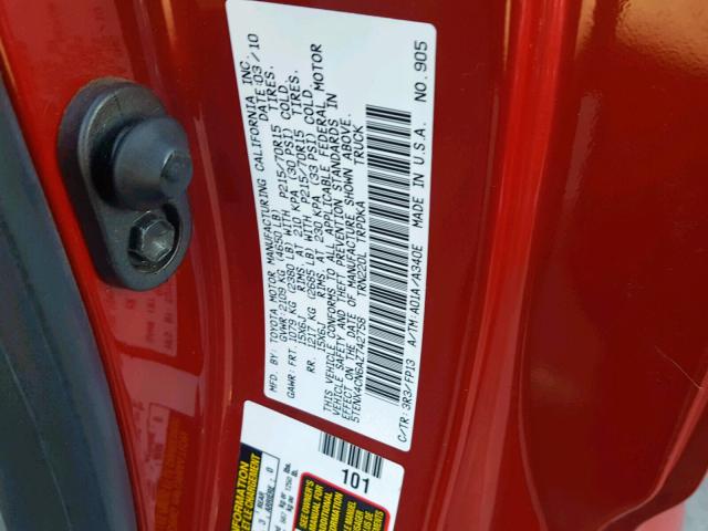 5TENX4CN6AZ742758 - 2010 TOYOTA TACOMA RED photo 10