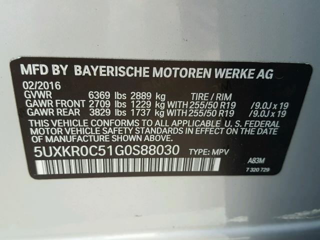 5UXKR0C51G0S88030 - 2016 BMW X5 XDRIVE3 SILVER photo 10