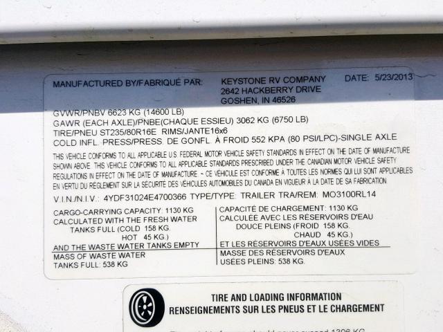 4YDF31024E4700366 - 2014 KEYSTONE MONTANA WHITE photo 10