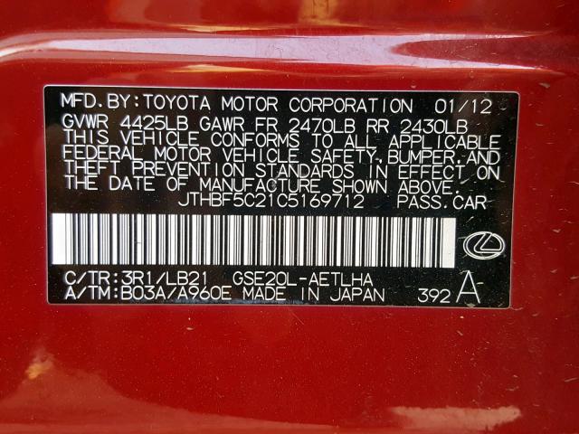 JTHBF5C21C5169712 - 2012 LEXUS IS 250 RED photo 10