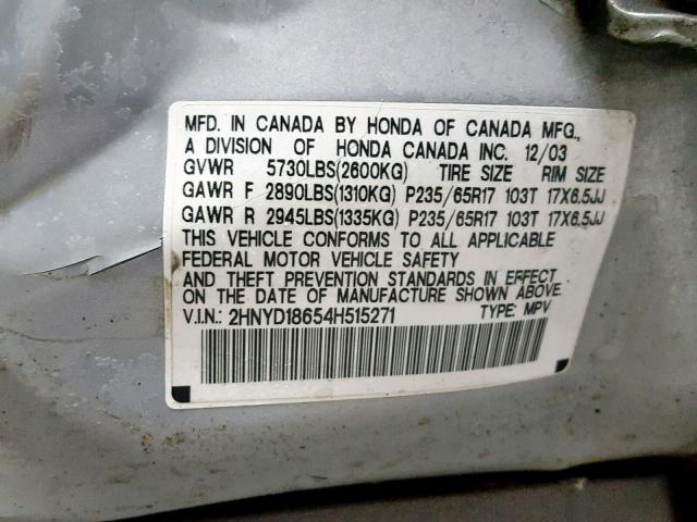 2HNYD18654H515271 - 2004 ACURA MDX TOURIN SILVER photo 10