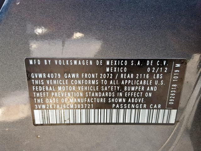 3VW2K7AJ6CM383721 - 2012 VOLKSWAGEN JETTA BASE GRAY photo 10