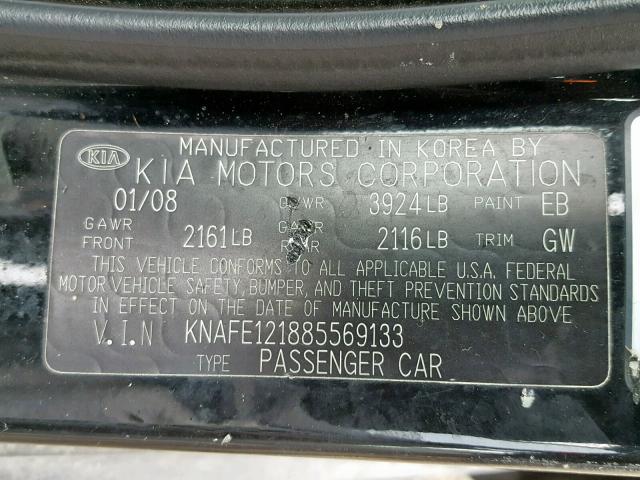 KNAFE121885569133 - 2008 KIA SPECTRA EX BLACK photo 10