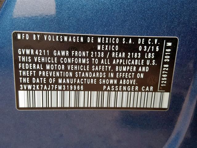 3VW2K7AJ7FM319966 - 2015 VOLKSWAGEN JETTA BASE Կապույտ լուսանկար 10