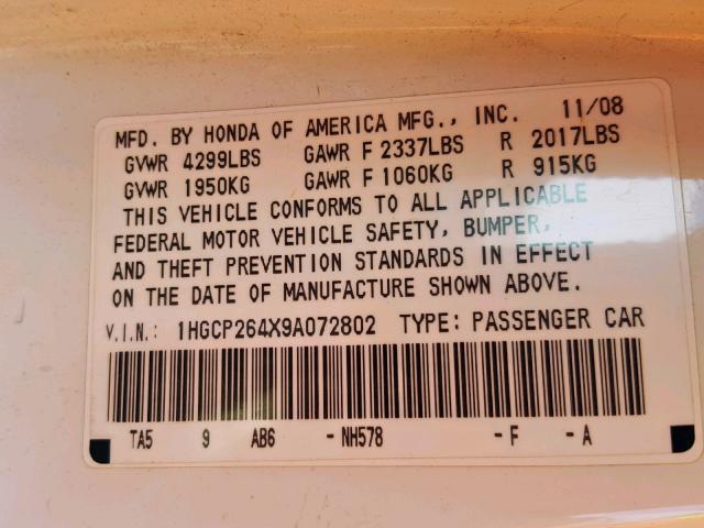 1HGCP264X9A072802 - 2009 HONDA ACCORD LXP WHITE photo 10