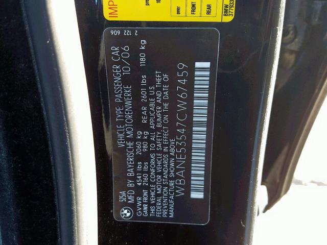 WBANE53547CW67459 - 2007 BMW 525 I BLACK photo 10