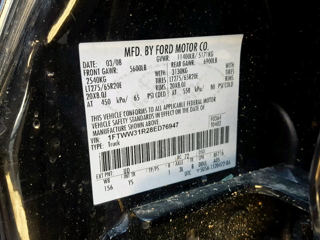 1FTWW31R28ED76947 - 2008 FORD F350 SRW S BLACK photo 10