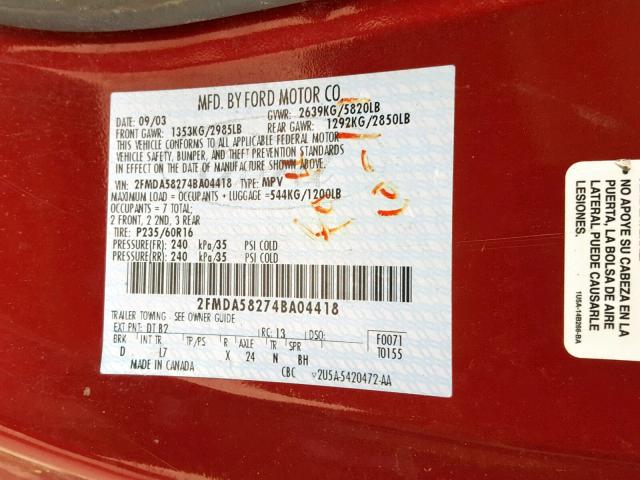 2FMDA58274BA04418 - 2004 FORD FREESTAR L RED photo 10