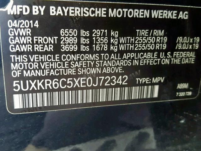 5UXKR6C5XE0J72342 - 2014 BMW X5 XDRIVE5 BLUE photo 10