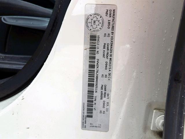 3VW2K7AJ9BM092516 - 2011 VOLKSWAGEN JETTA BASE WHITE photo 10