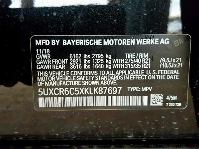 5UXCR6C5XKLK87697 - 2019 BMW X5 XDRIVE4 BLACK photo 10