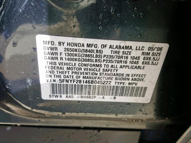 5FNYF28146B045222 - 2006 HONDA PILOT LX GRAY photo 10