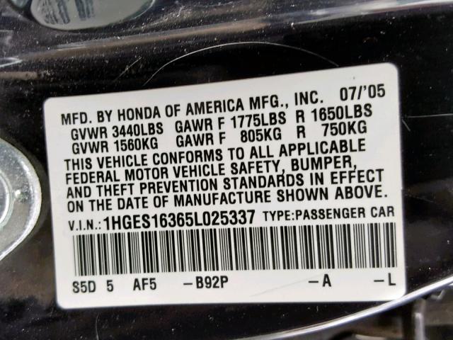 1HGES16365L025337 - 2005 HONDA CIVIC DX V BLACK photo 10