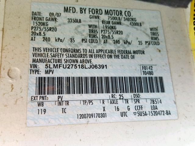 5LMFU27518LJ06391 - 2008 LINCOLN NAVIGATOR 白色 照片 10