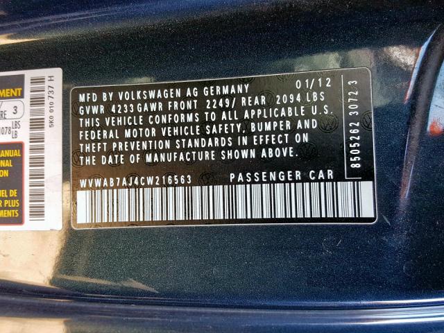 WVWAB7AJ4CW216563 - 2012 VOLKSWAGEN GOLF 蓝色 照片 10