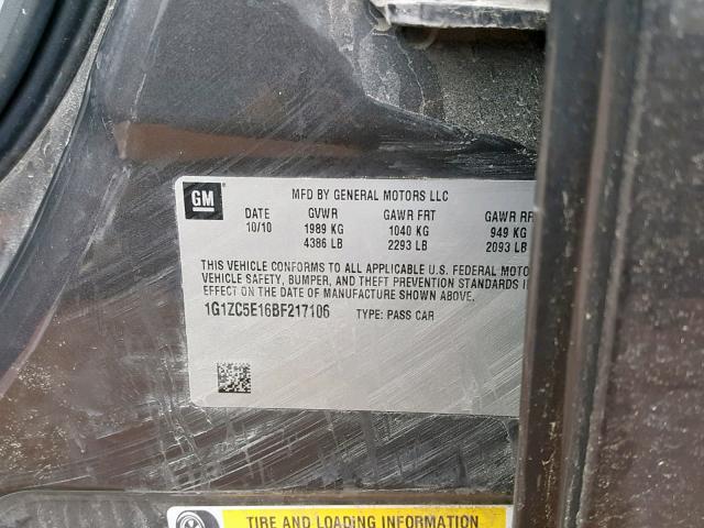 1G1ZC5E16BF217106 - 2011 CHEVROLET MALIBU 1LT CHARCOAL photo 10