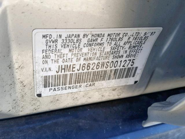 JHMEJ6626WS001275 - 1998 HONDA CIVIC DX SILVER photo 10