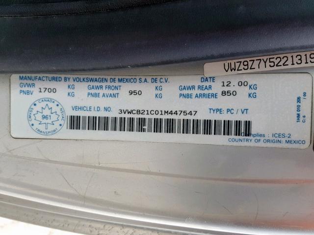 3VWCB21C01M447547 - 2001 VOLKSWAGEN NEW BEETLE Gümüş foto 10