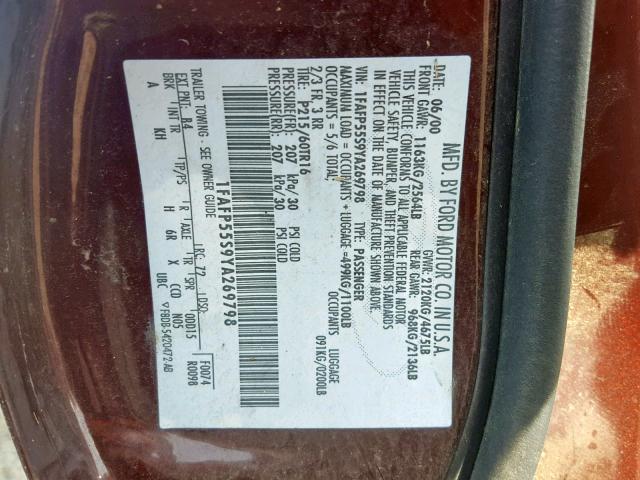 1FAFP55S9YA269798 - 2000 FORD TAURUS SES RED photo 10