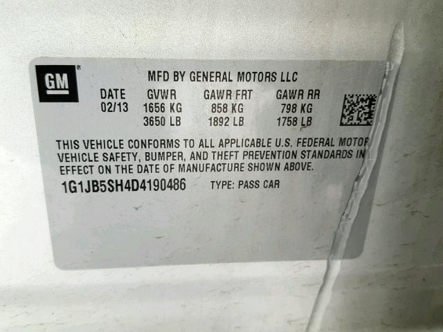 1G1JB5SH4D4190486 - 2013 CHEVROLET SONIC LS 银色 照片 10