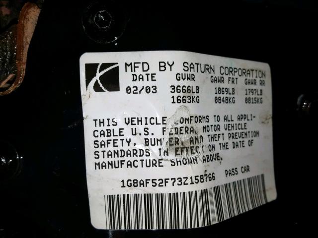 1G8AF52F73Z158766 - 2003 SATURN ION LEVEL MAROON photo 10