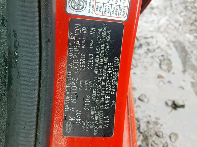 KNAFE162875004818 - 2007 KIA SPECTRA5 S RED photo 10