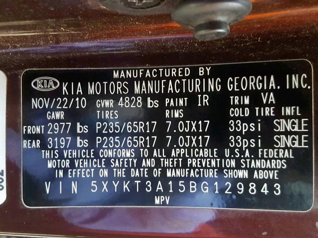 5XYKT3A15BG129843 - 2011 KIA SORENTO BA PURPLE photo 10